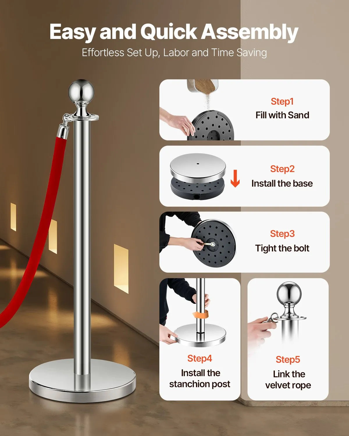 VEVOR 6 Pcs Silver Stanchion Post 3 Red Velvet Ropes Sand Injection Hollow Base