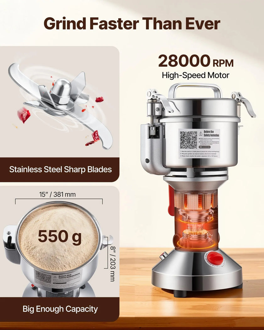 VEVOR 550g Commercial Spice Grinder Electric Grain Mill Grinder High Speed