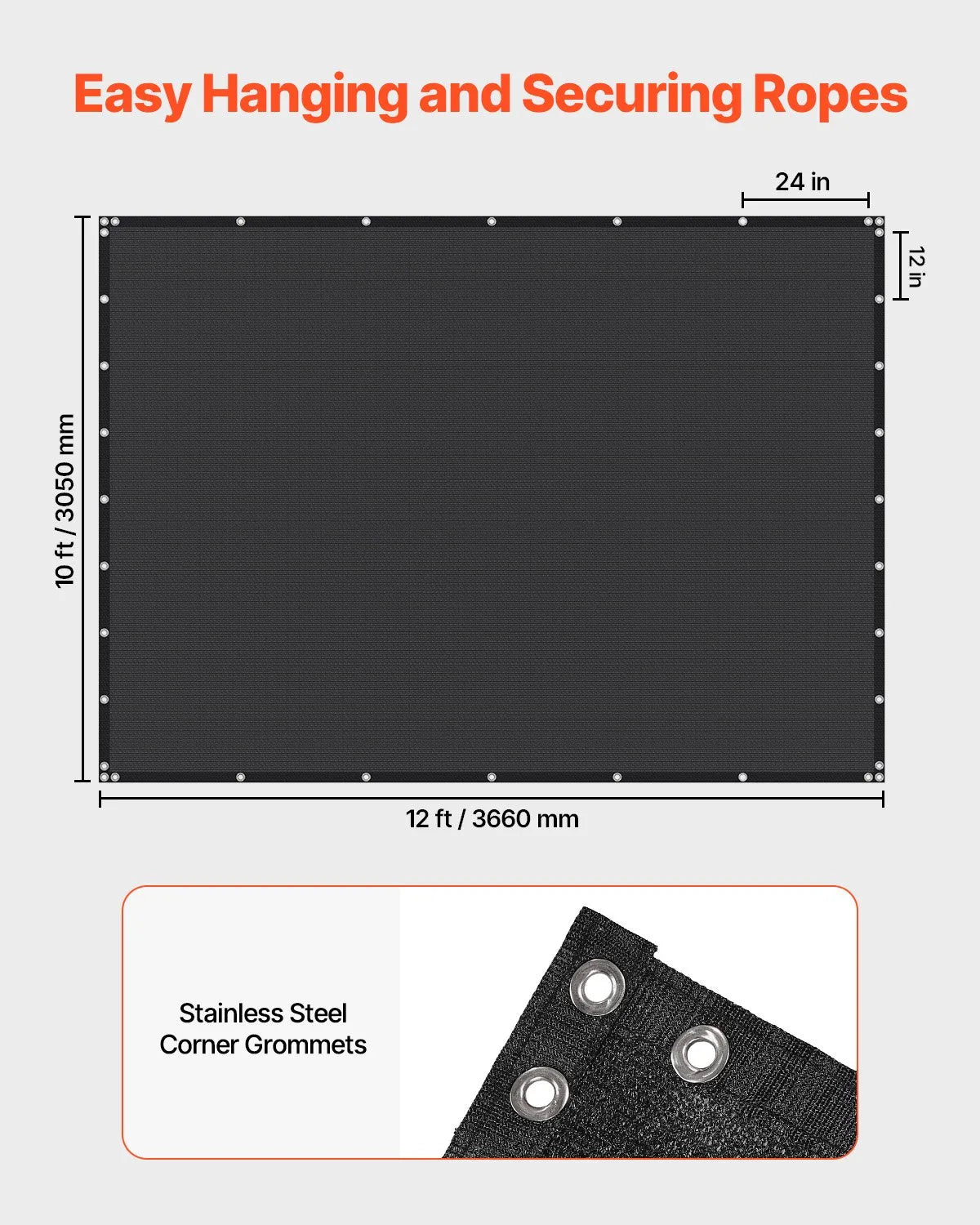 VEVOR 90% Sun Shade Cloth Privacy Screen 10 x 12 ft for Patio Garden (Black)