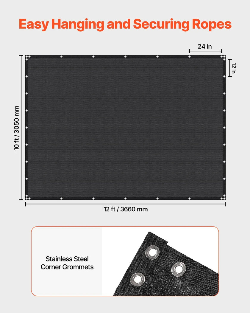 VEVOR 90% Sun Shade Cloth Privacy Screen 10 x 12 ft for Patio Garden (Black)