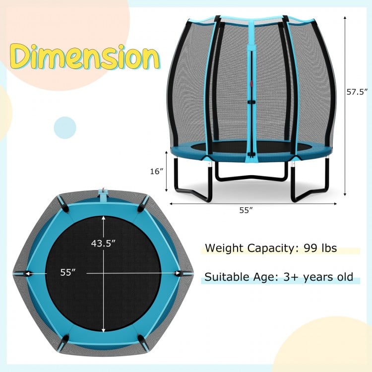55 Inch Trampoline for Kids Toddler Mini Trampoline with Safety Enclosure Net - Blue
