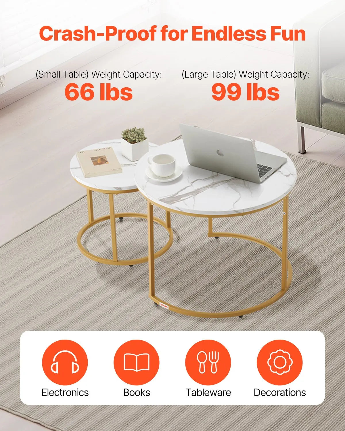 VEVOR Nesting Coffee Table Set of 2 Round Coffee Table 23.6 in (White & Gold)