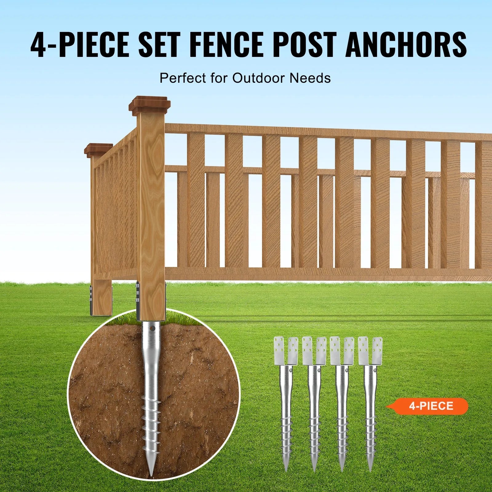 VEVOR No Dig Ground Anchor, 4 Pack 3.94 x 2.76 x 27.56 in DIY Screw in Post Stake, Includes 6 Lag Bolts & a Rebar, U-Shape Heavy Duty Steel Post Holder, Great for Mailbox Posts and Fence Posts