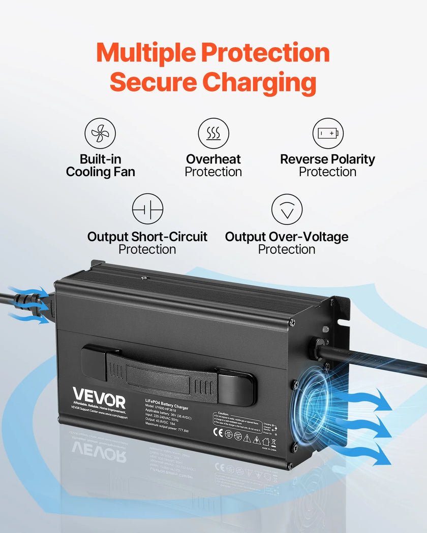 VEVOR 36V 18A Lithium Battery Charger 43.8V AC-DC LiFePO4 Smart Charger for RV