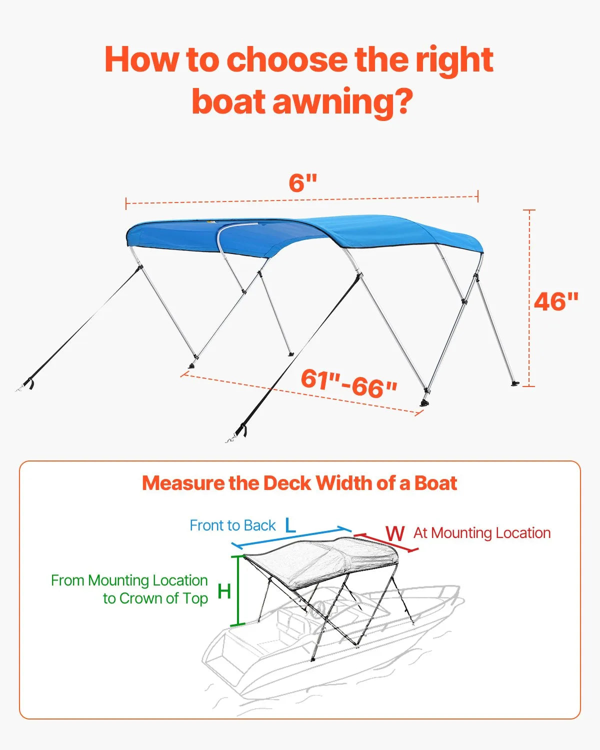 VEVOR 3 Bow Boat Bimini Tops 6'Lx(61