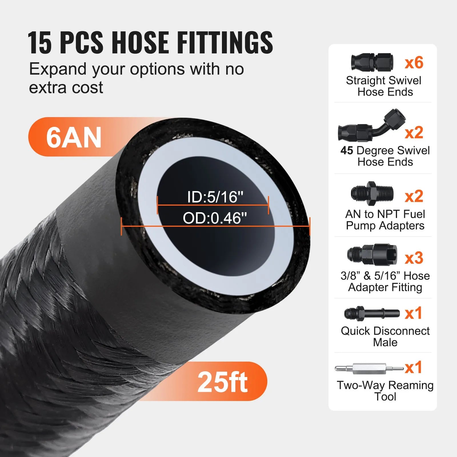 VEVOR 6AN Fuel Line Kit, 25 FT Fuel Hose Kit, 5/16