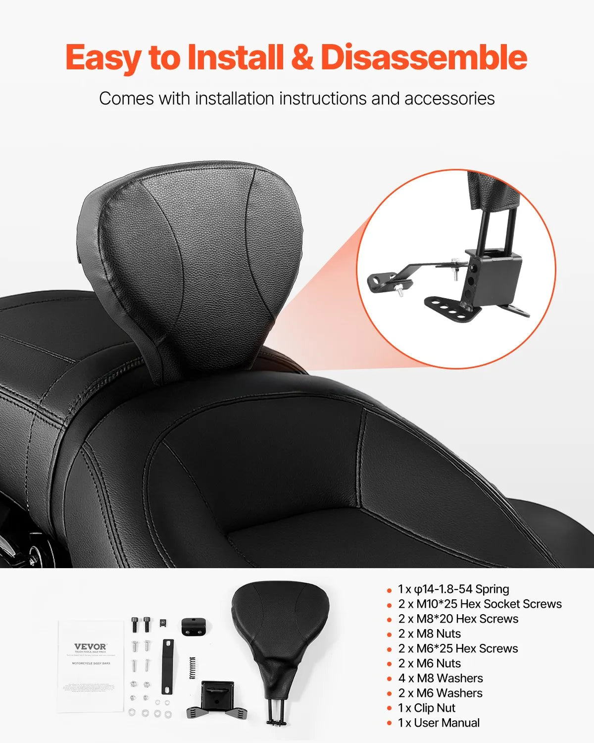 VEVOR Motorcycle Rider Backrest Sissy Bar for Harley Touring Models 2009-2024