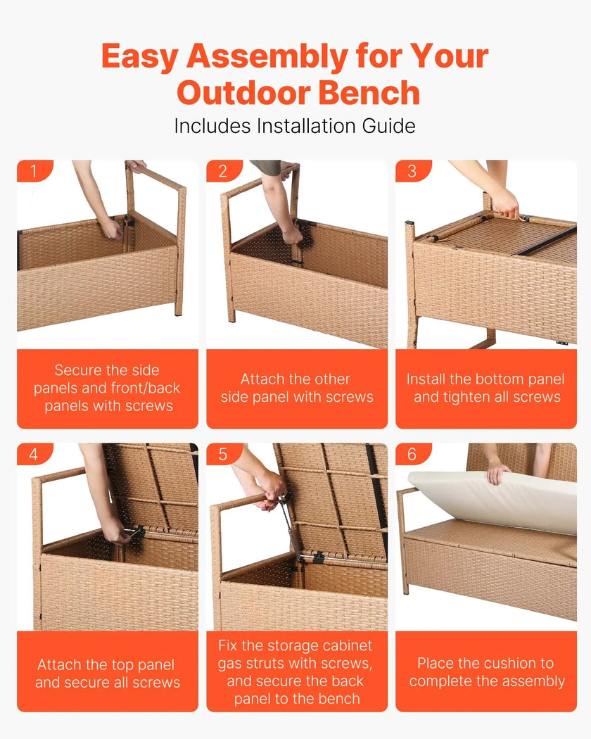 VEVOR Outdoor Storage Bench PE Rattan 70 Gal Deck Box Waterproof Outdoor Seat