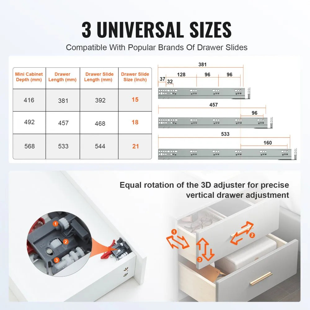 VEVOR 10 Pairs of 21 Inch Drawer Bottom Side Mount Rails, Heavy Duty Full Ball Bearing Extension Steel Track, Soft-Close Noiseless Guide Glides Cabinet Kitchen Runners with Locking Mechanism, 100 Lbs