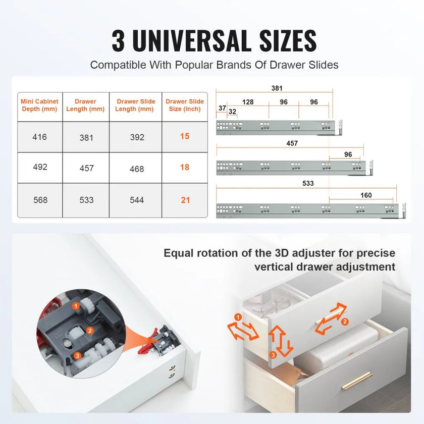 VEVOR 10 Pairs of 21 Inch Drawer Bottom Side Mount Rails, Heavy Duty Full Ball Bearing Extension Steel Track, Soft-Close Noiseless Guide Glides Cabinet Kitchen Runners with Locking Mechanism, 100 Lbs