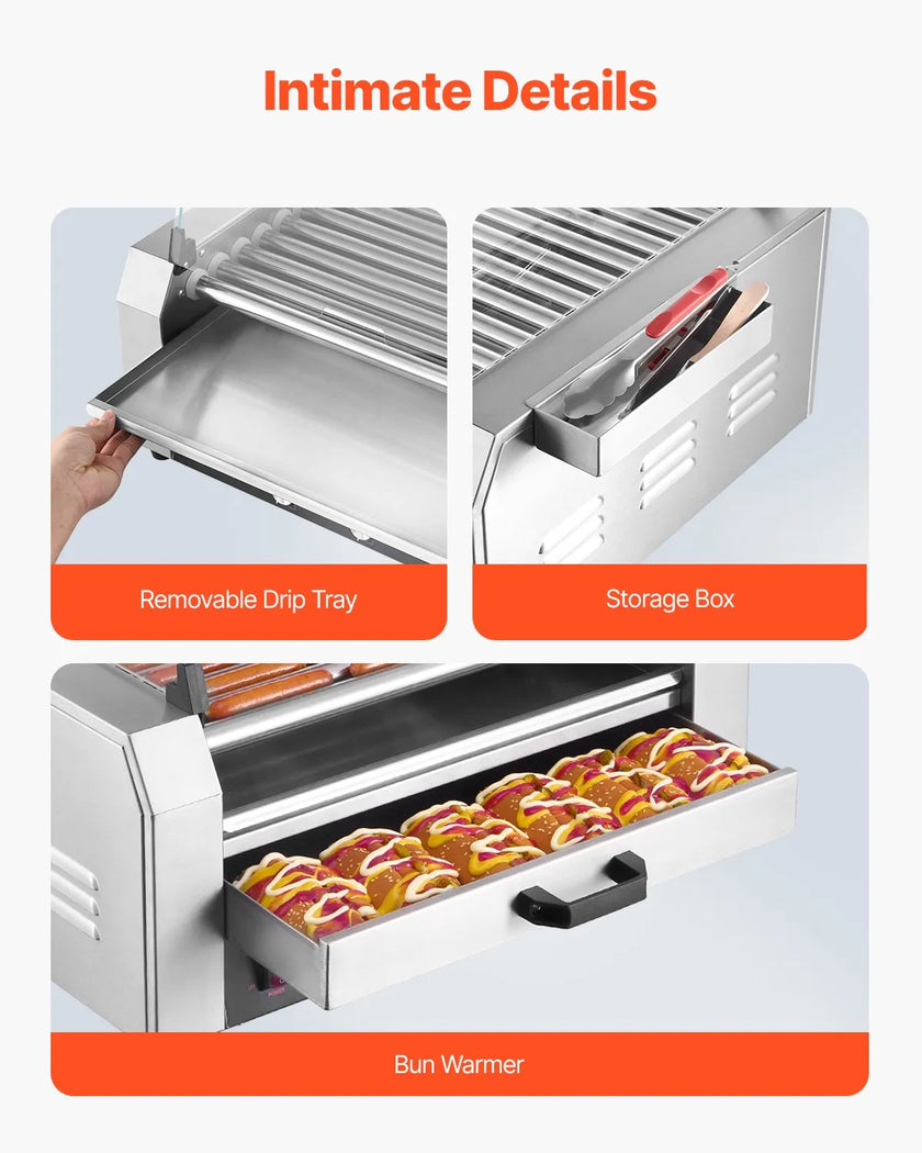 VEVOR 30 Hot Dog 11 Roller Electric Grill Cooker Machine Bun Warmer Cover 1950W