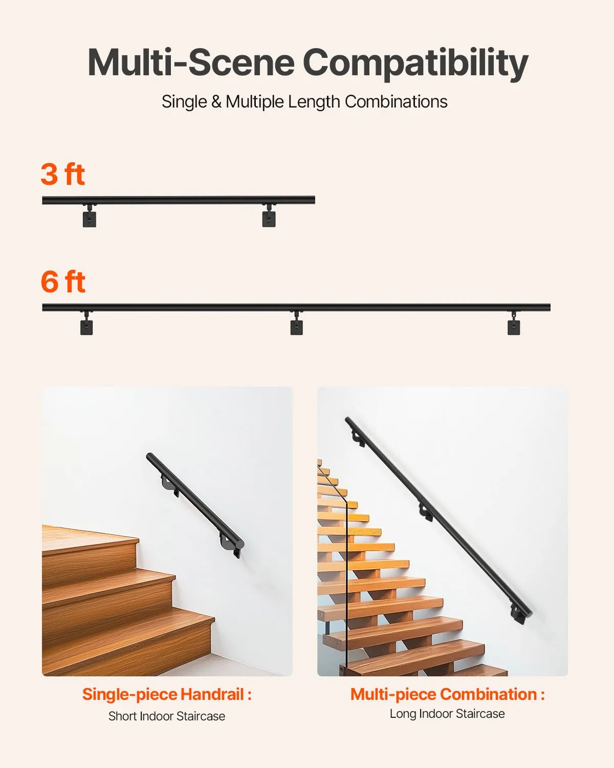 VEVOR 6ft Wall Mounted Stair Handrail Black Aluminum Indoor Outdoor Railing