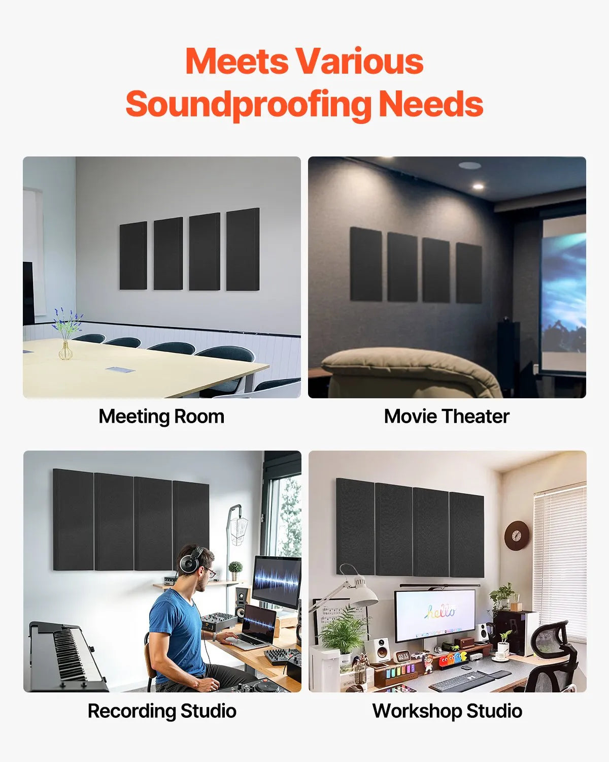 VEVOR 4 PCS Acoustic Wall Panels 2 in Thick 23.6 x 11.8 in Self-adhesive Black