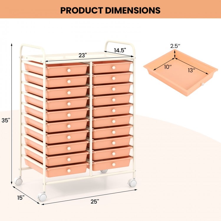 20 Drawers Rolling Storage Cart Studio Organizer-Peach