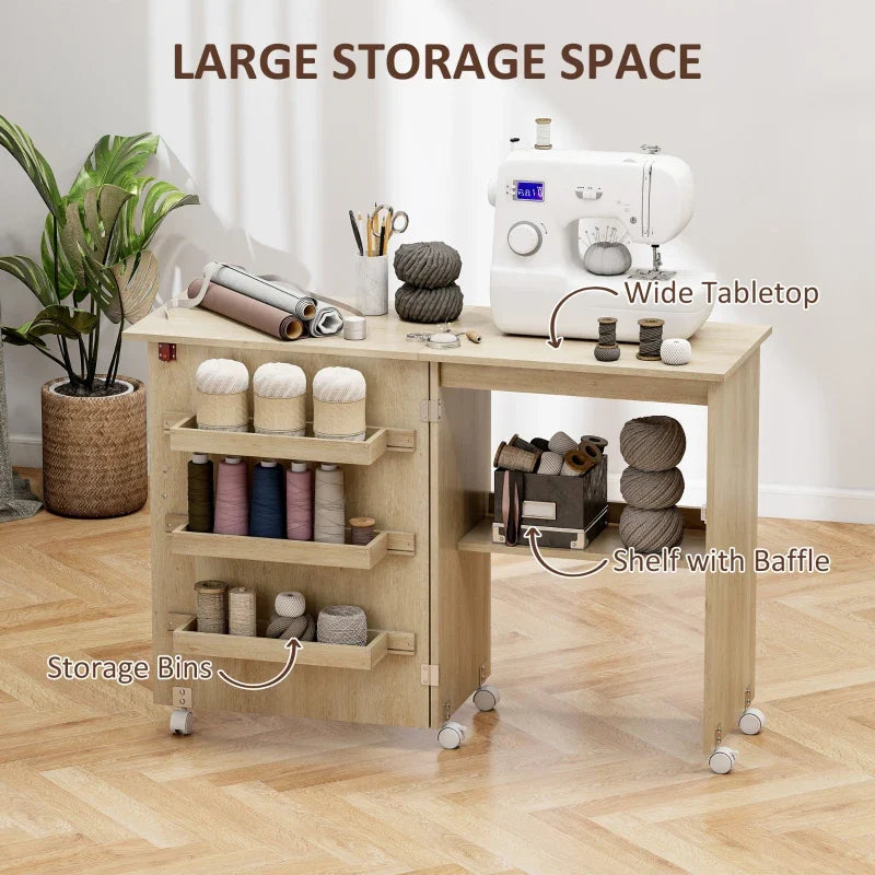 Sewing Machine Cabinet, Folding Sewing Table with Storage Shelf, Bins and Lockable Wheels for Small Space, Nature Wood