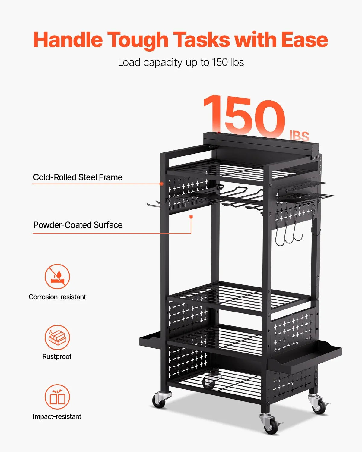 VEVOR 5-tier Tool Organizer Cart with Charging Station Garage Cart on Wheels