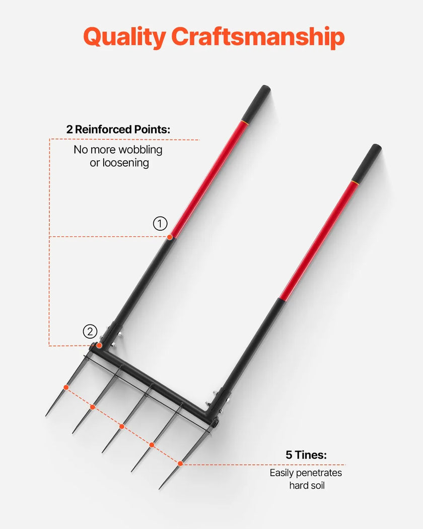 VEVOR 5 Tines Broad Fork Garden Tool U-Shaped Pitch Fork for Gardening Spading