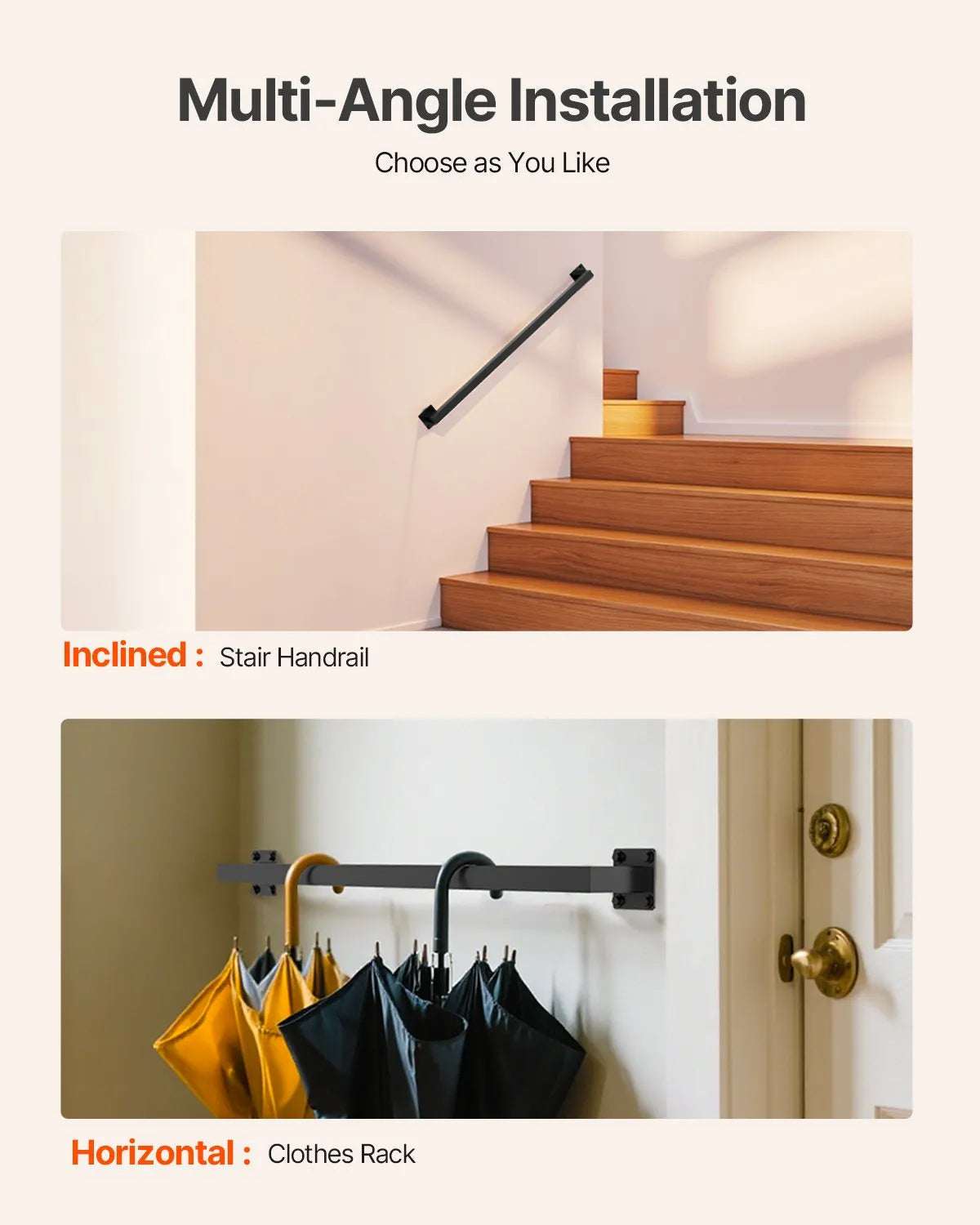 VEVOR 3ft Wall Mounted Stair Handrail Black Iron 250lbs Load Square Tube