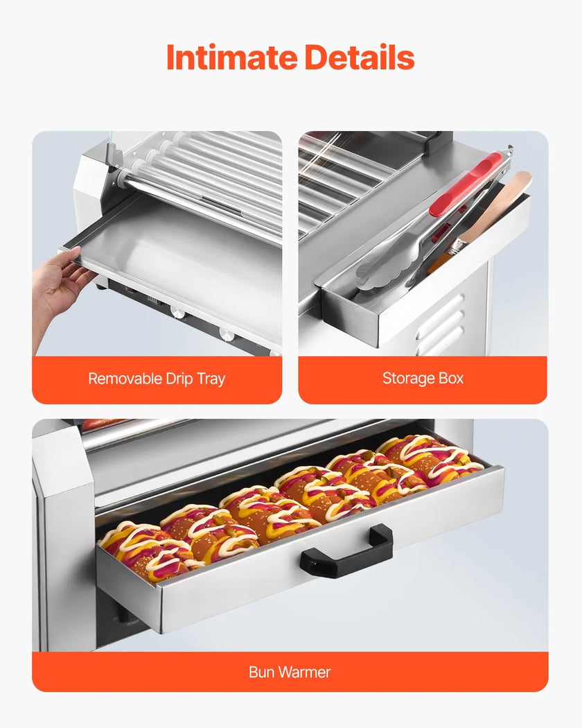 VEVOR 18 Hot Dog 7 Roller Electric Grill Cooker Machine Bun Warmer Cover 1200W