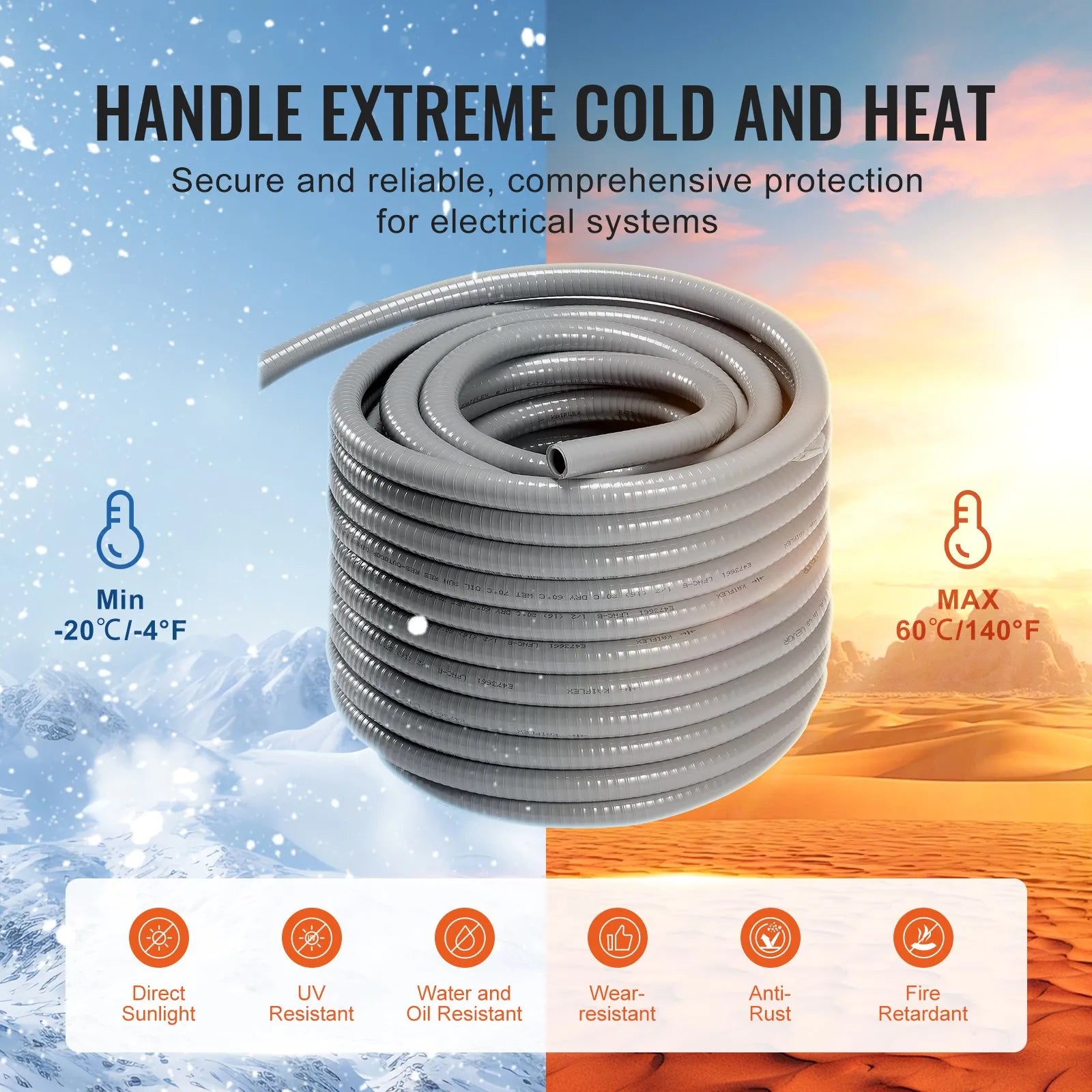 VEVOR 1-Inch Flexible Electrical Conduit, 100 ft, PVC Liquid-Tight Conduit Non-Metallic with 5 Straight and 5 90-Degree Conduit Connector Fittings, for Air Conditioning Motor Controller Pump, IP65