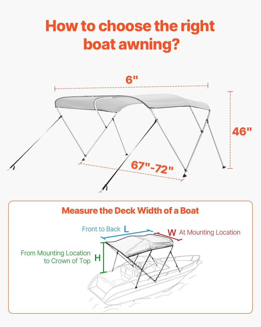 VEVOR 3 Bow Boat Bimini Tops 6'Lx(67