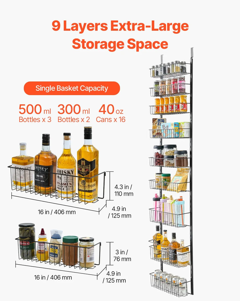 VEVOR 9-Tier Over the Door Pantry Organizer Hanging Storage Rack Adjustable