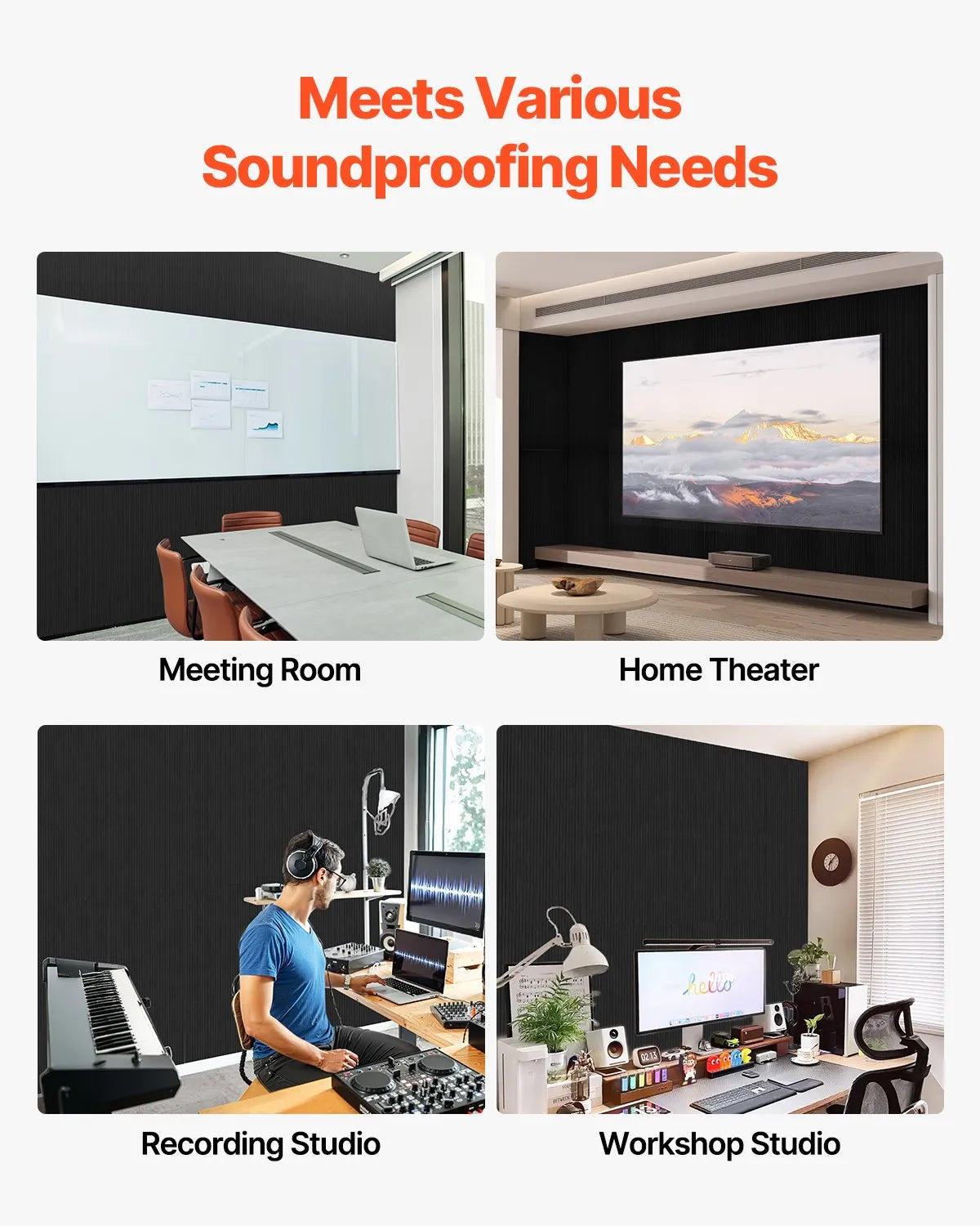 VEVOR 5 Pack Acoustic Wall Panels 47.2 x 23.6 x 0.4 inch Self-Adhesive Black