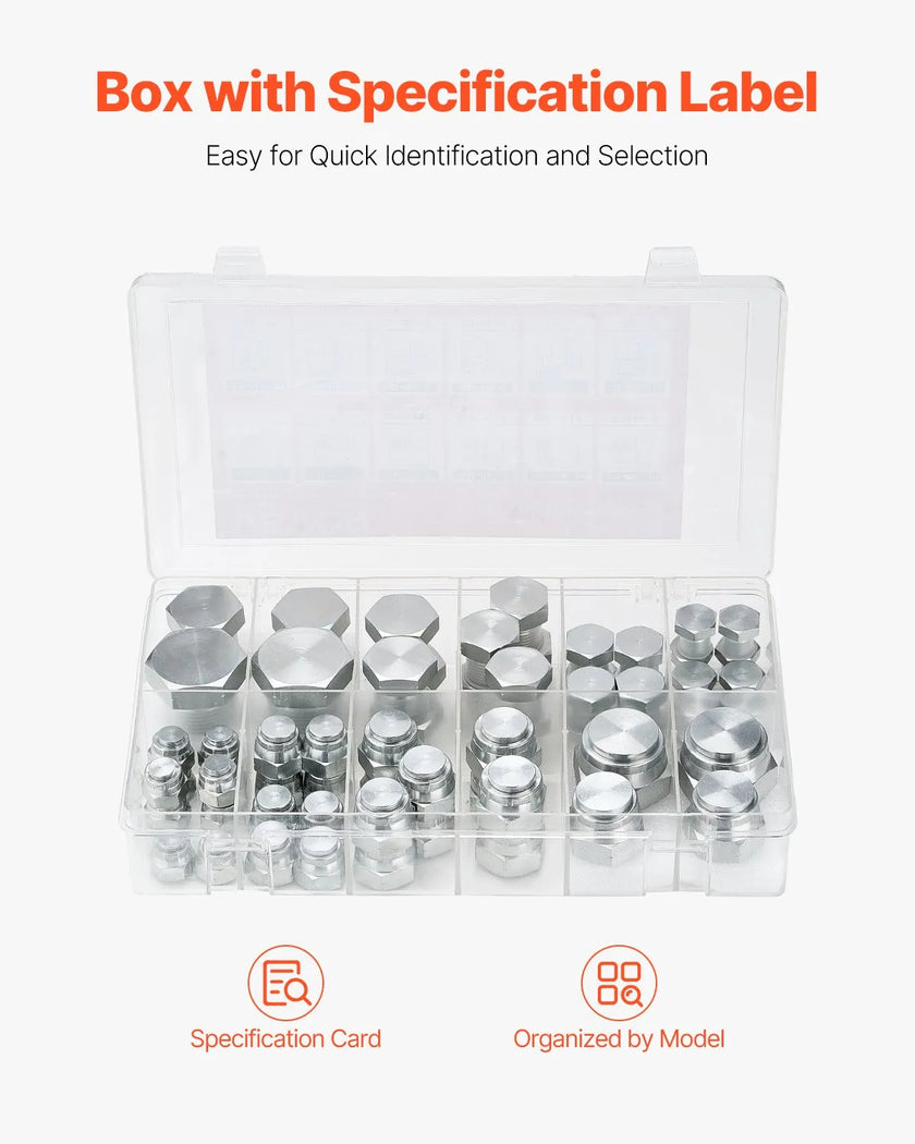 VEVOR 64 PCS BSPP Hydraulic Fitting Galvanized Cap & Plug Assortment Adapter Kit
