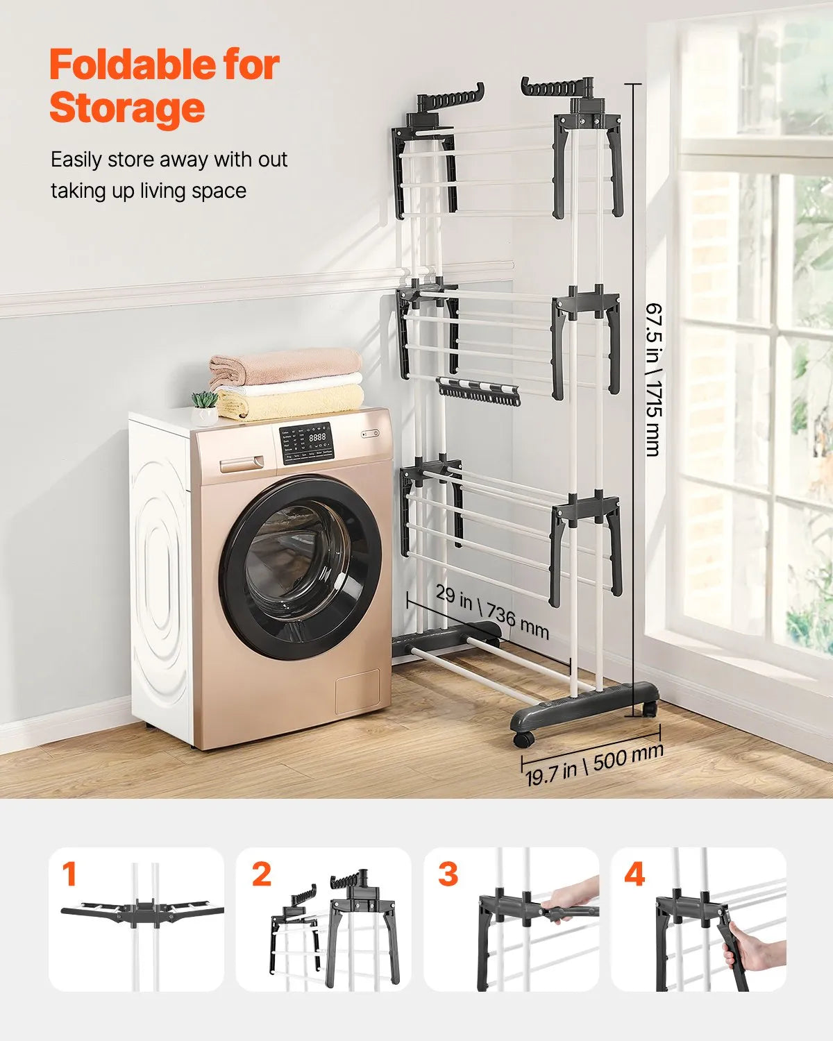 VEVOR 4-Tier Foldable Clothes Drying Rack with 24 Drying Poles and 4 Castors