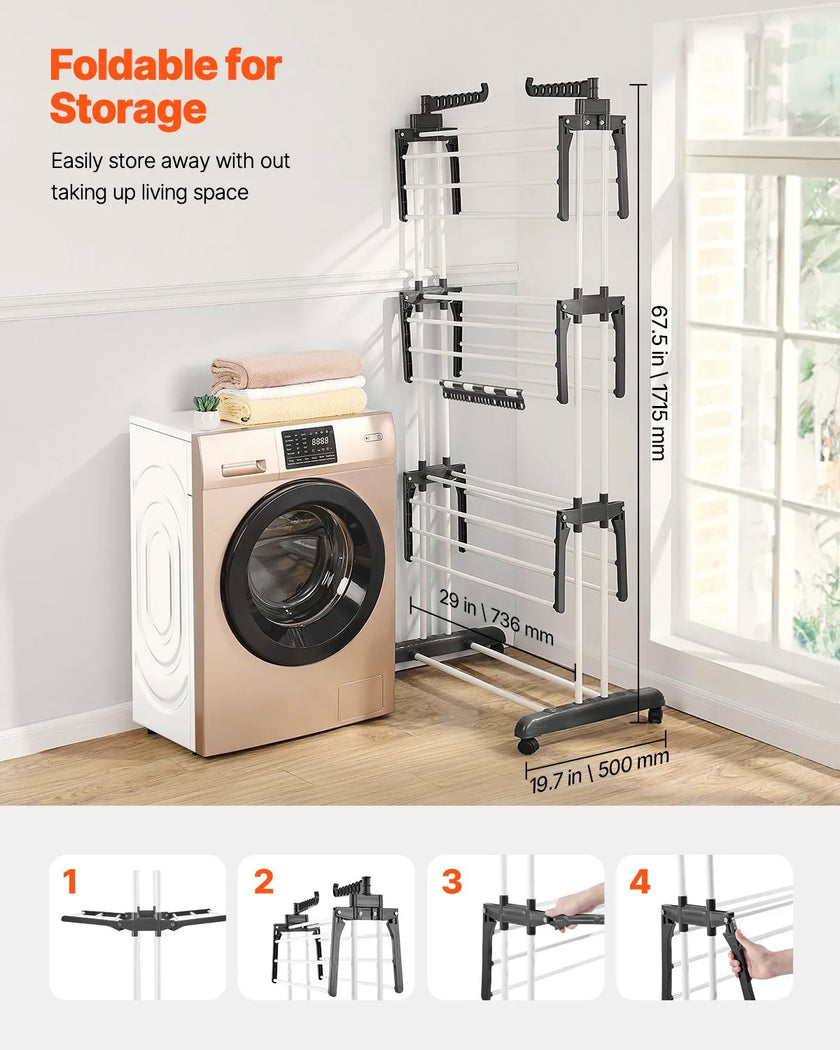 VEVOR 4-Tier Foldable Clothes Drying Rack with 24 Drying Poles and 4 Castors