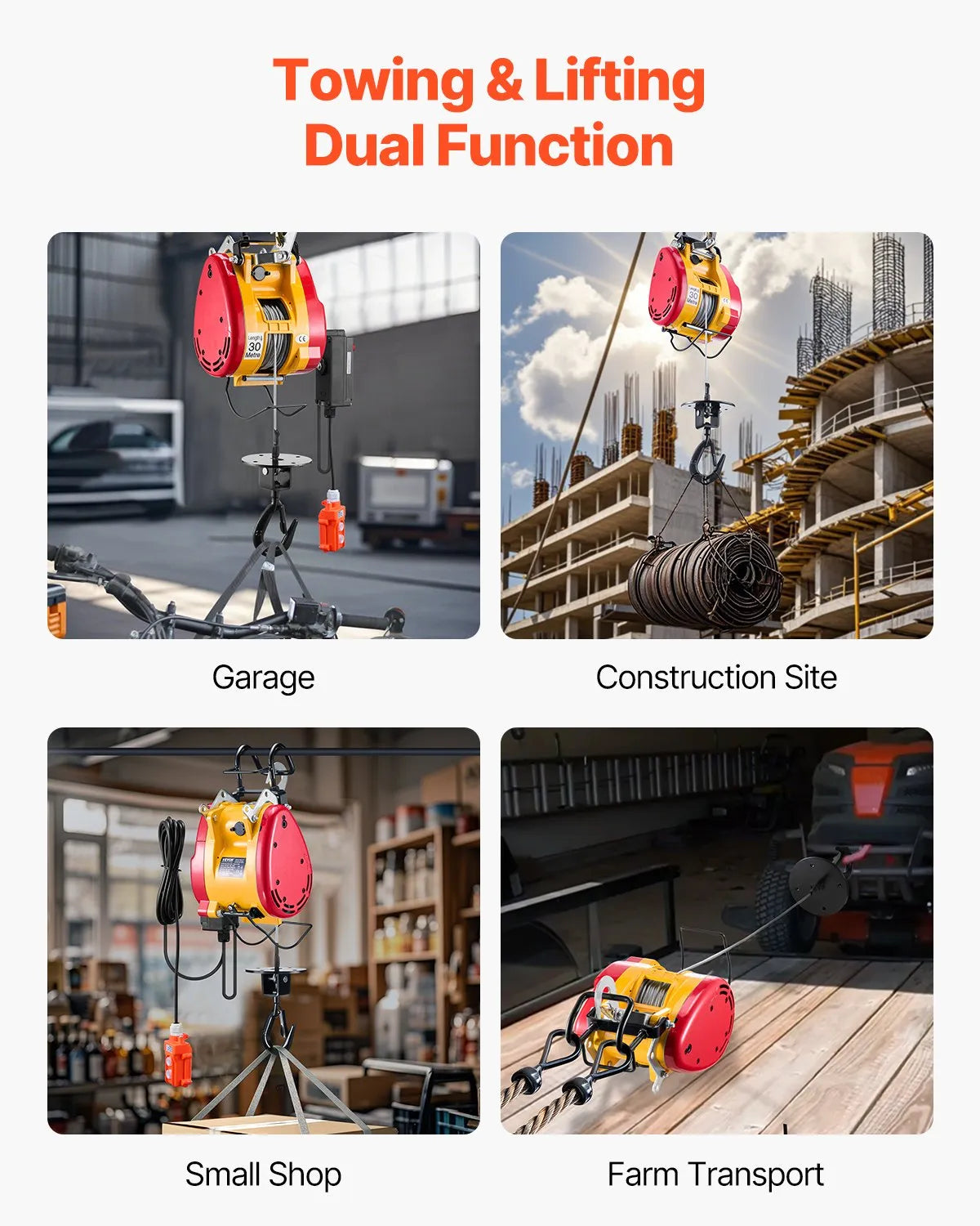 VEVOR 2-in-1 Portable Electric Hoist Winch 1100LBS Wired/Wireless Remote Control