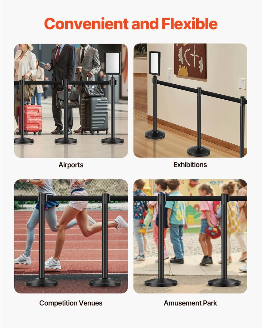 VEVOR 8 Pcs Stanchion Post with 4 Retractable Belts & 2 Sign Holders Hollow Base
