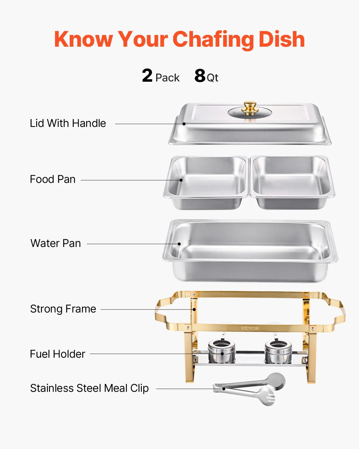 VEVOR 4 Qt 2 Pack Rectangle Chafing Dish Buffet Set Halfsize Pan Stainless Steel