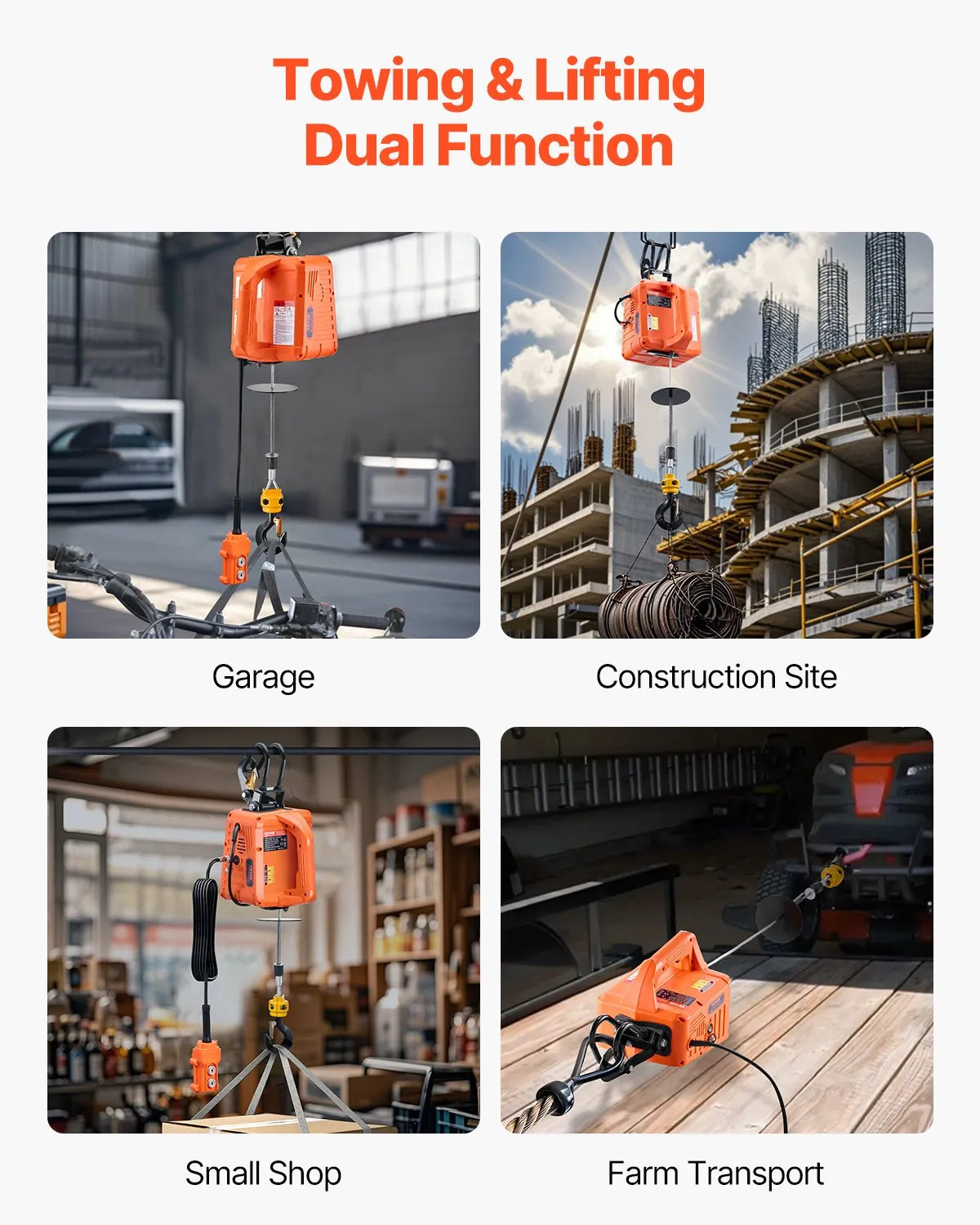 VEVOR 3-in-1 Portable Electric Hoist Winch 1100LBS Wired/Wireless Remote Control