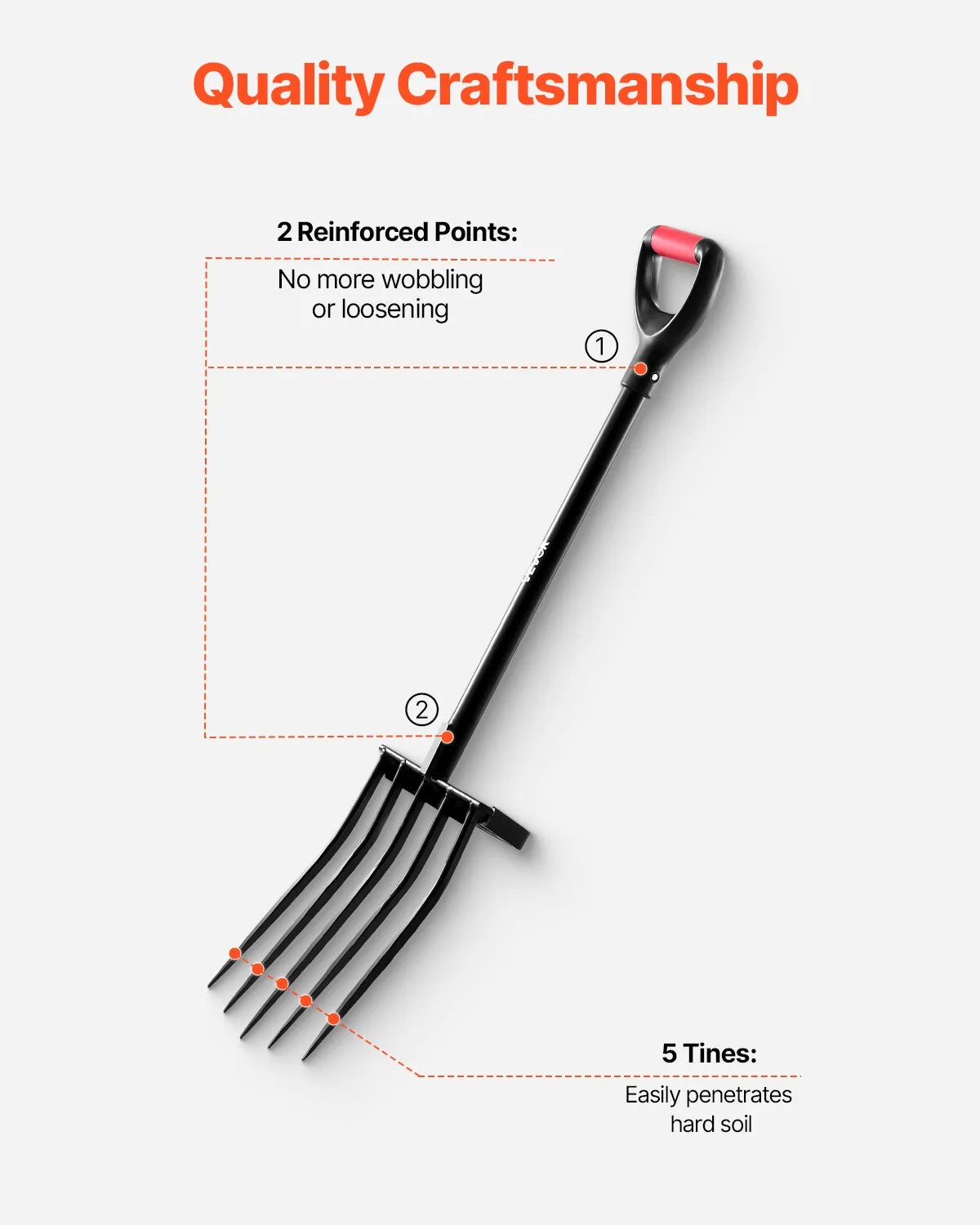 VEVOR 5 Tines Garden Fork Metal Handle 41 in Spading Pitchfork Y Grip Heavy Duty