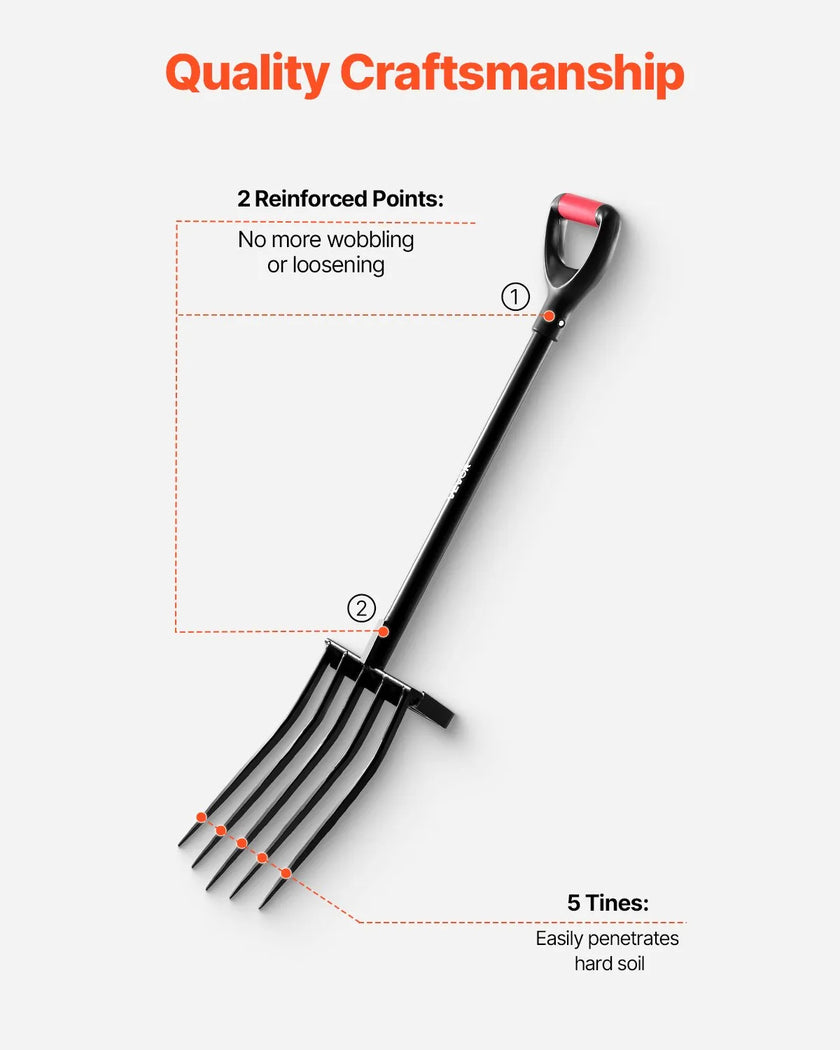 VEVOR 5 Tines Garden Fork Metal Handle 41 in Spading Pitchfork Y Grip Heavy Duty