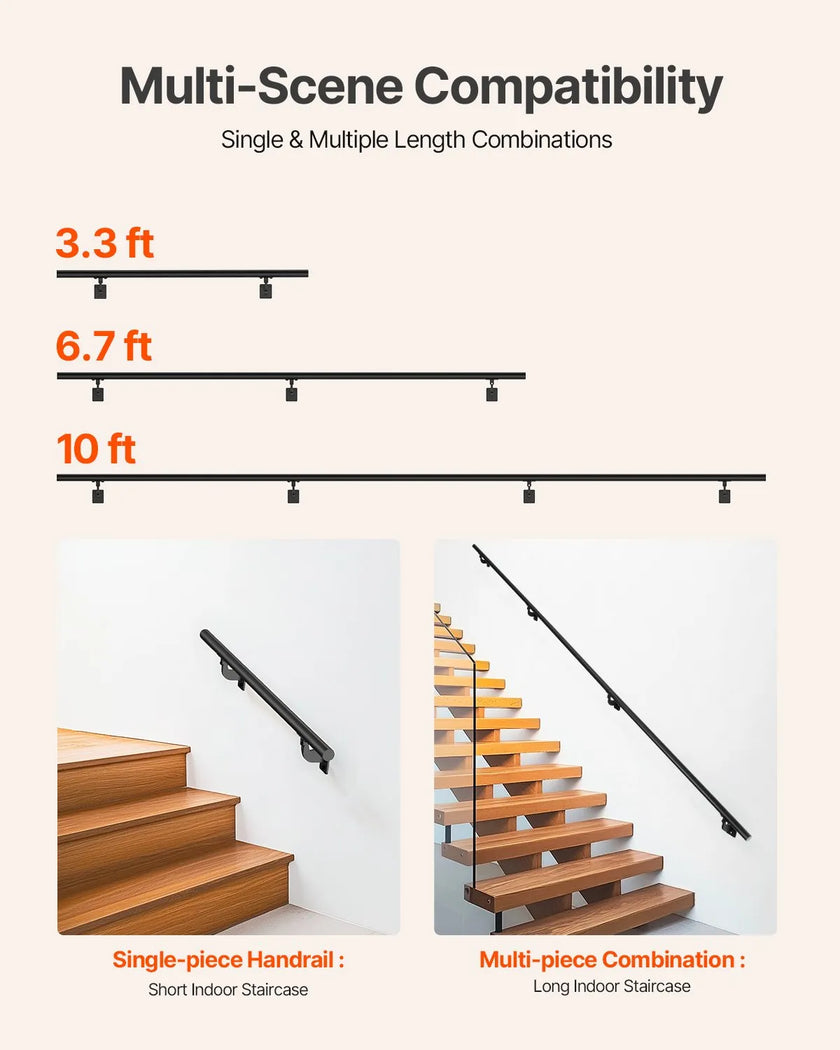 VEVOR 10ft Wall Mounted Stair Handrail Black Aluminum Indoor Outdoor Railing