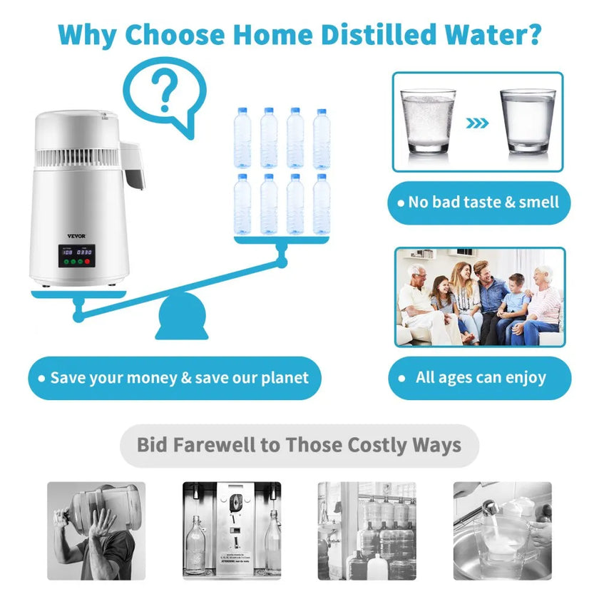 VEVOR 1.1Gal Water Distiller, 0.3Gal/H, 750W Distilled Water Maker Machine 0-99H Timing Set Temp Display, 304 Stainless Steel Countertop Distiller Glass Carafe Cleaning Powder 3 Carbon Packs, White
