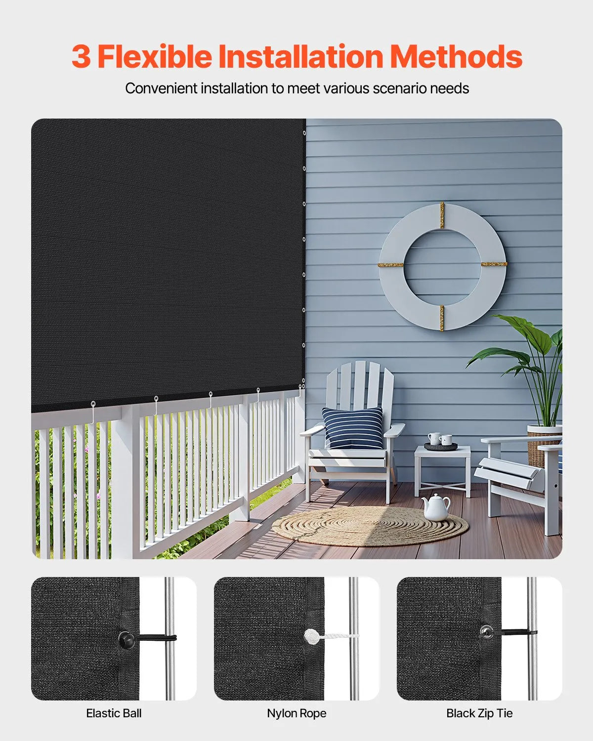 VEVOR 90% Sun Shade Cloth Privacy Screen 10 x 10 ft for Patio Garden (Black)