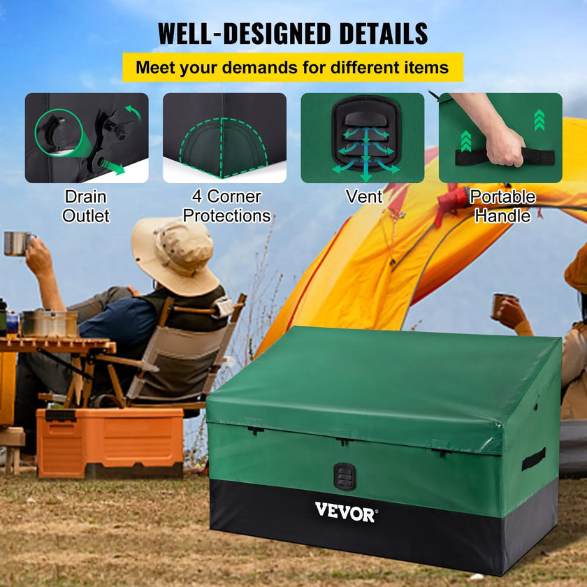 VEVOR Outdoor Storage Box, 100 Gallon Waterproof PE Tarpaulin Deck Box w/ Galvanized Frame, All-Weather Protection & Portable, for Camping, Garden, Poolside, and Yard, Brown & Blue