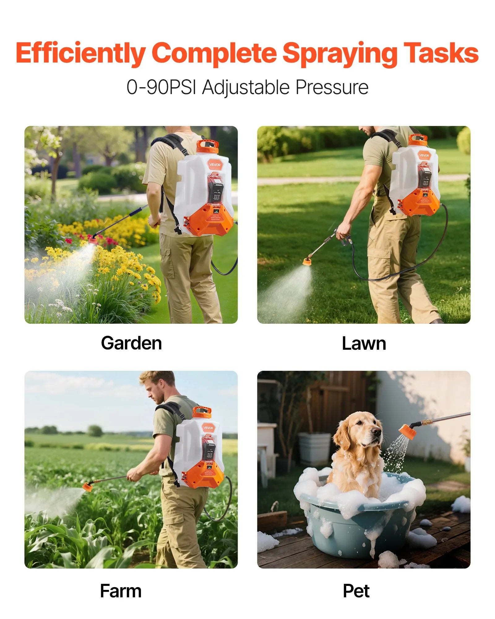 VEVOR 4 Gal Battery Powered Backpack Sprayer 0-90 PSI 4H Runtime for Yard Lawn