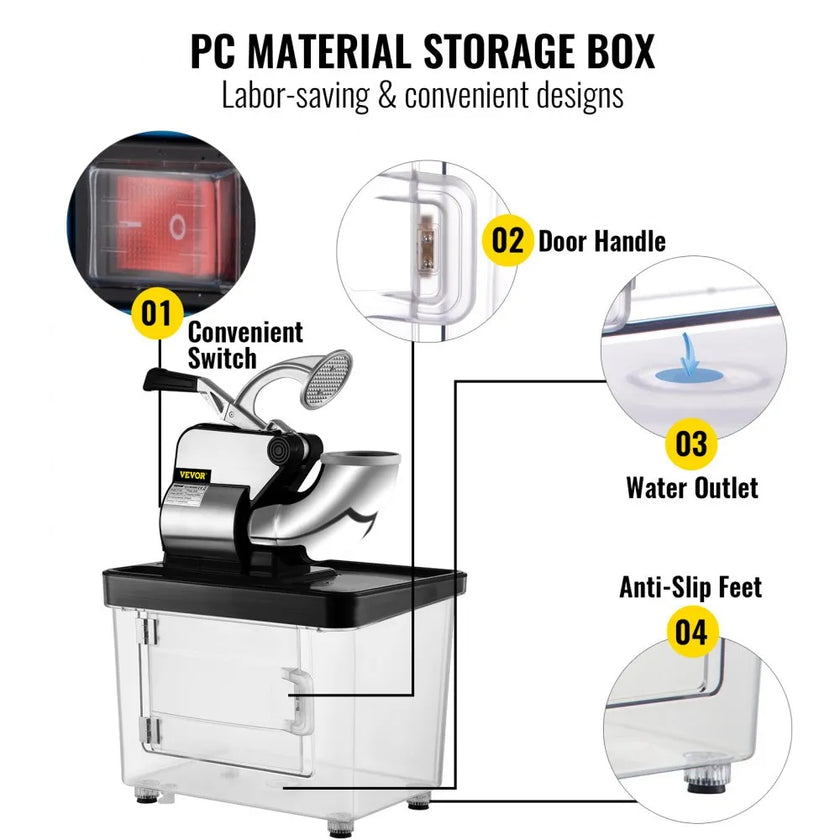 VEVOR 110V Commercial Ice Crusher 440LBS/H, ETL Approved 300W Electric Snow Cone Machine with Dual Blades, Stainless Steel Shaved Ice Machine with Safety On/Off Switch for Family, Restaurants, Bars