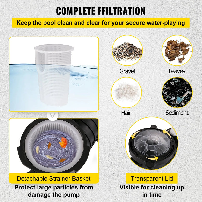 Swimming Pool Pump 1HP, Dual Voltage 110V 220V, 5544GPH, Powerful Pump for In/Above Ground Pool Water Circulation, with Strainer Basket, 2pcs 1-1/2'' NPT Connectors Tested to UL Standards