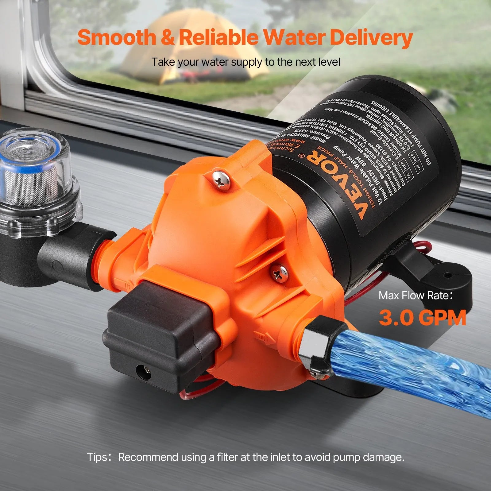 VEVOR 12V Diaphragm Pump 3GPM 11.36 L/min 4-Chamber Water Pump Pressure Switch