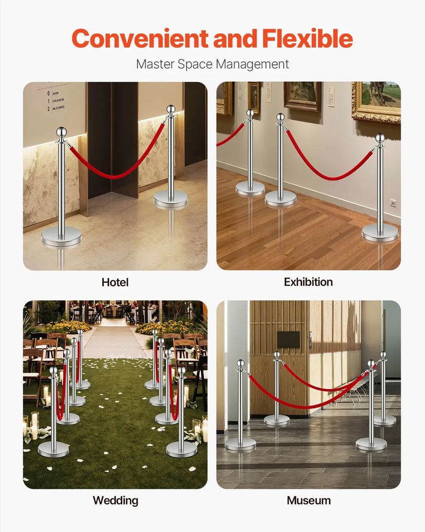 VEVOR 6 Pcs Silver Stanchion Post 3 Red Velvet Ropes Sand Injection Hollow Base