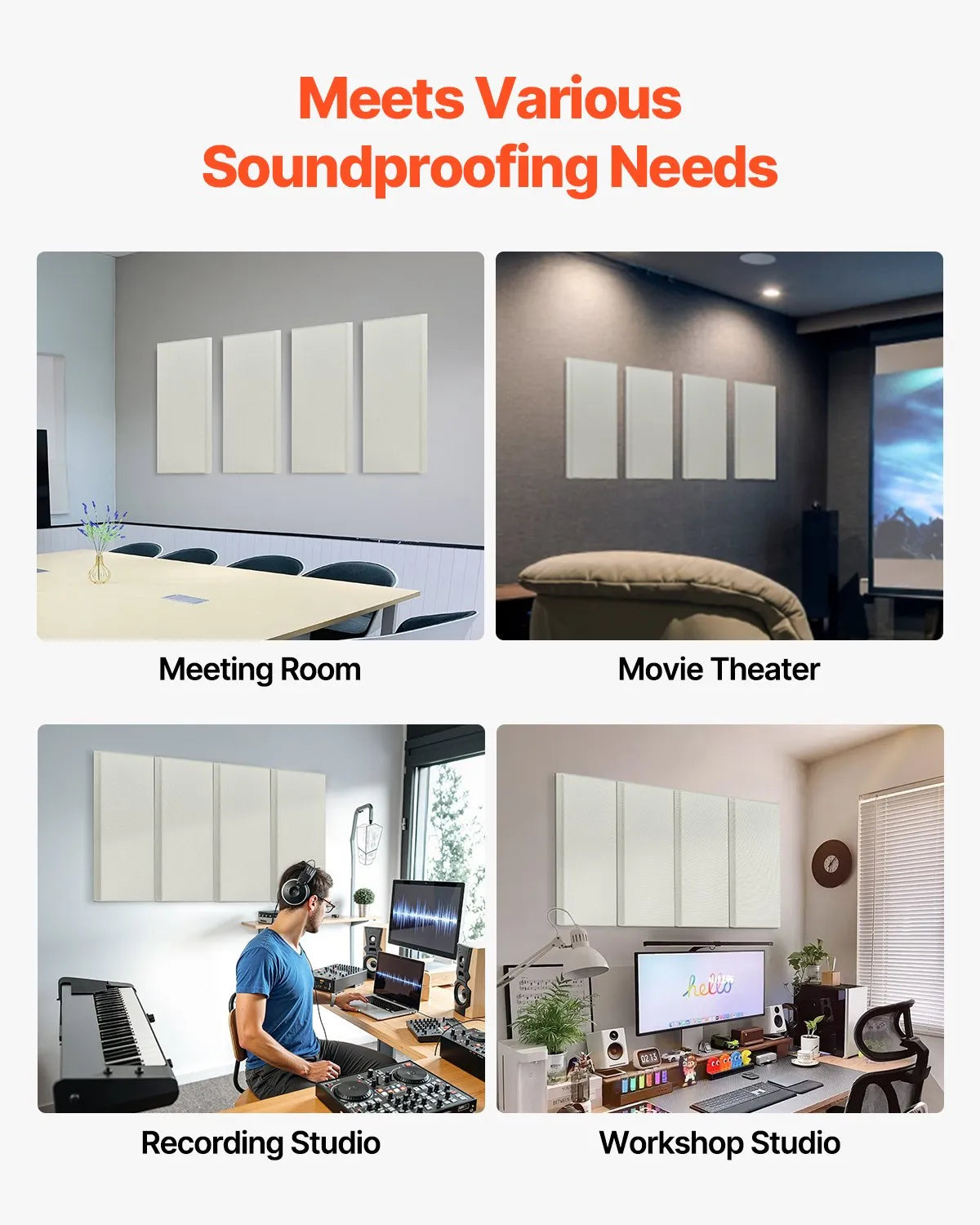 VEVOR 4 PCS Acoustic Wall Panels 2 in Thick 23.6 x 11.8 in Self-adhesive Beige