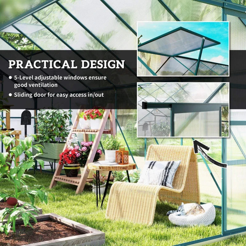 16' x 8' Aluminum Polycarbonate Greenhouse Walk-in Garden Greenhouse Kit with Adjustable Roof Vent, Rain Gutter and Sliding Door for Winter, Green
