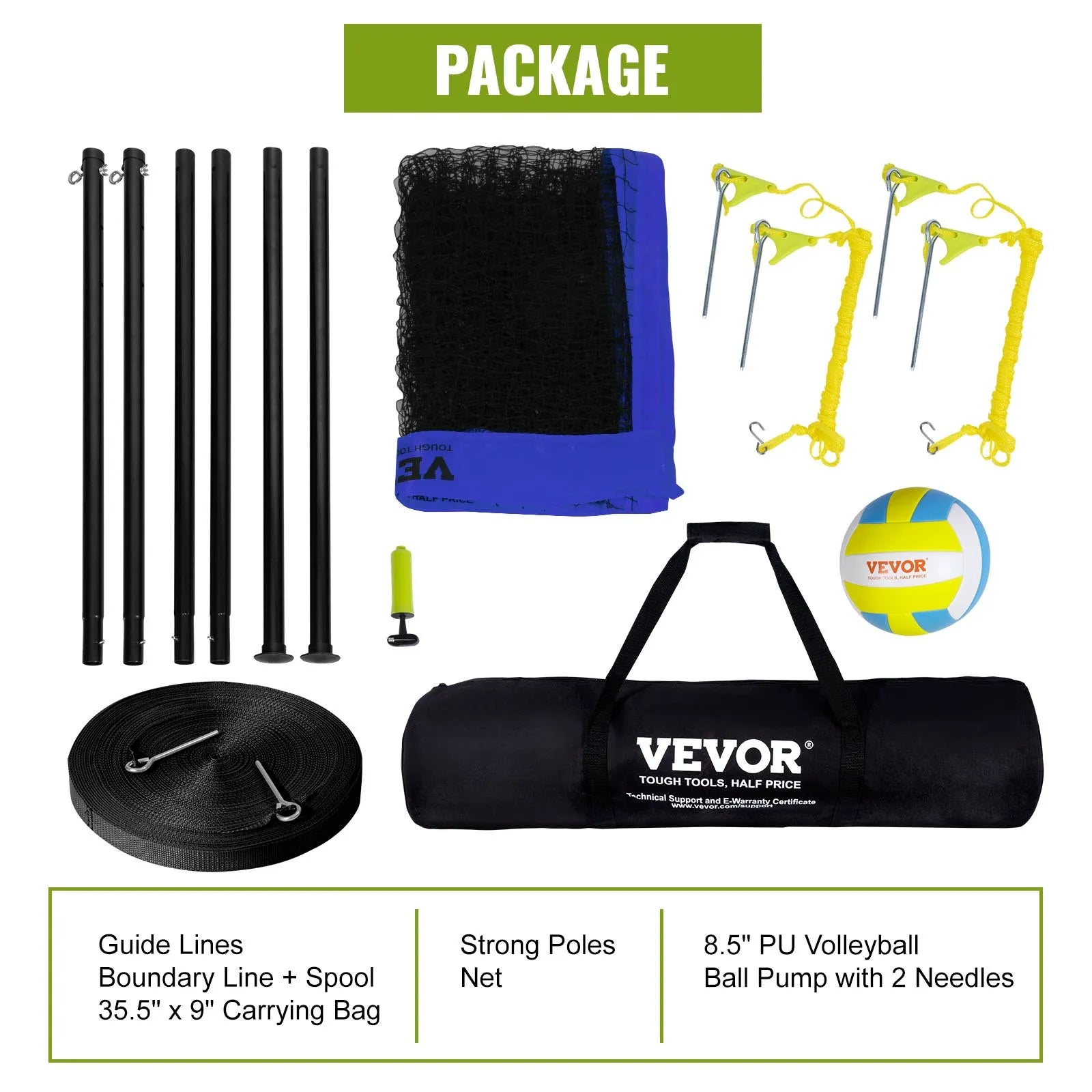 VEVOR Outdoor Portable Volleyball Net System, Adjustable Height Steel Poles, Professional Volleyball Set with PVC Volleyball, Pump, Carrying Bag, Heavy Duty Volleyball Net for Backyard, Beach, Lawn