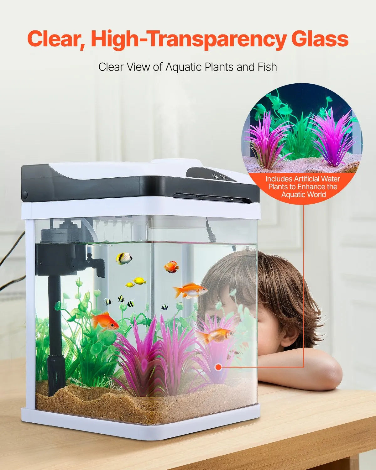 VEVOR 2 Gallon Fish Tank Aquarium LED Square Clear Glass 7 Color Self Cleaning