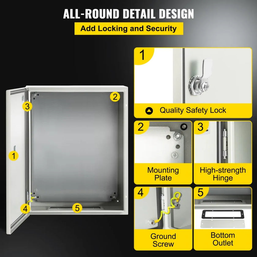 VEVOR NEMA Steel Enclosure, 20 x 16 x 6'' NEMA 4X Steel Electrical Box, IP66 Waterproof & Dustproof, Outdoor/Indoor Electrical Junction Box, with Mounting Plate